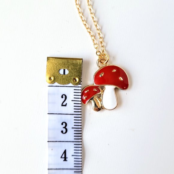 Red and White Cute Mushroom Necklace with Dainty Gold Chain - Picture 5 of 9